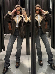 Lunivop Leather Lapel Single-Breasted Jackets Women Vintage Casual Long Sleeved Jacket For Woman Autumn Winter Loose Chic Outwear Tops