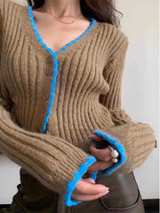 Lunivop Ribbed Knit Button Up Sweater Cardigan for Women Long Sleeve Contrast Hem Crop Top Sweater Jacket Teen-girl Y2K Outfit