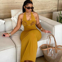 Lunivop Summer Fashion New Women's Elegant and Sexy Vacation Style Hanging Neck 3D Flower Decoration Sexy Long Dress