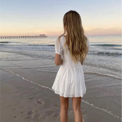 Lunivop Sweet White Embroidery Hole Stitching Lace Cross Lacing up Short Puff Sleeve Dress Woman French Mini Dresses Holiday Robe