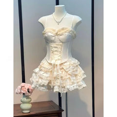 Lunivop Sweet Style Elegant Woman Skirt Set Lolita Y2k Design Lace Splice Bow Skirt Fashion Bandage Retro Princess Party Vest Suit