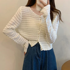 Lunivop Women Button Up Short Cardigan Knitted Shirt Hollow Out Crochet Crop Top Long Sleeved Thin Cover Up Teen-girl Casual Outfit