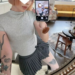 Lunivop Y2k Millenial Bow Hot Drill Half High Neck Sexy Slim Short Sleeve Shoulder T-Shirt Pure Wind Back Bow Three-Dimensional Decorati