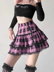 Lunivop Mall Goth Gothic Lace Ruffle Mini Skirts Womens Harajuku Fairy Grunge Pink Plaid Pleated Skirt Japanese Lolita Streetwear