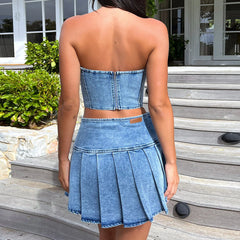 Lunivop Vacation Outfits Women Denim Skirt Sets Summer New Strapless Crop Tops Y2k Clothes Two Piece Sets Sexy Pleated Skirt New