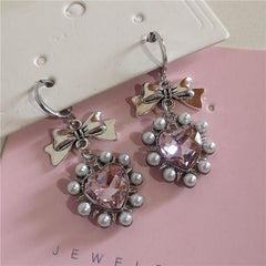 Lunivop New Gothic Y2K Cute Pink Crystal Heart Pearl Bowknot Pendant Earrings For Egirl EMO 2000s Goth Vintage Charm Jewelry Accessories