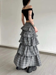 Lunivop Vintage Plaid Skirt Women Preppy Style Sweet Ruffle Cake Long Skirt Harajuku Fashion Patchwork Layered Skirts Street