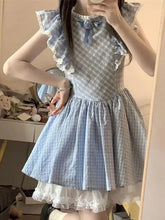 Lunivop Cute Sweet Blue Plaid Dress Women Elegant 3D Floral Flying Sleeve Mini Dress Japan Vintage Slim Kawaii Lace Patchwork Dress