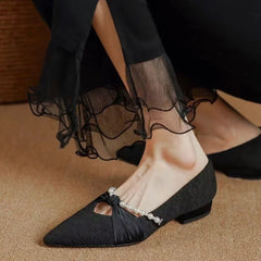 Lunivop Pointed Toe Shoes for Women Pearl Low Heel Elegant Black High Quality Fashion Y2k Lastest Casual Slip On Young Chic Woman Flats