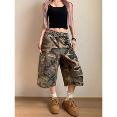 Lunivop American Vintage Hole Camouflage Shorts 2025 Summer Casual Calf- Length Pants Straight Loose Wide Leg Jeans for Women