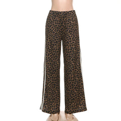 Lunivop Leopard Print Side Stripes Wide Leg Pants Women Autumn Fashion Elastic High Waist Loose Casual Streetwear Trousers Bottoms