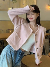 Lunivop Pink Sweet Tweed Jackets Women Vintage O Neck Cute Elegant Long Sleeve Short Coats Retro Casual Single Breasted Pockets Outwear