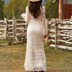 Lunivop Women Dresses retro white lace V-neck long-sleeved fringed short front back long dress women's clothing vestidoes