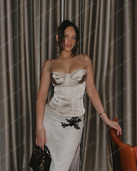 Lunivop Sexy Spaghetti Strap Party Dress Women Satin Side Split Mermaid Bride Robe Knee Length Evening Dresses Appliques Cocktail Dress