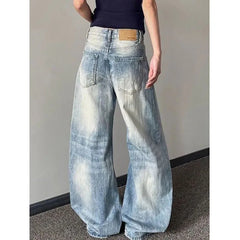 Lunivop Women's Vintage Washed Denim Pants American Retro Baggy Y2K Wide Leg Jeans Woman High Waisted Light Blue Cowboy Sickle Trousers