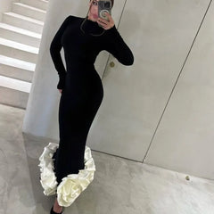 Lunivop Autumn Winter Maxi Dress for Women Fashion Flower Slim Evening Party Dresses Black Elegant Long Sleeve Christmas Outfits