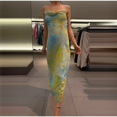 Lunivop Watercolor Print Cowl Neck Chiffon Slip Maxi Dress Sleeveless Semi-Sheer Summer Chic Women Vacation Beach Romantic Vestido