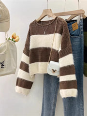 Lunivop Fuzzy Striped Sweater Women Pullovers Cozy Loose Long Sleeve Crop Knit Jumper Knitwear Teen-girl Fall Winter Casual Chic Outfit