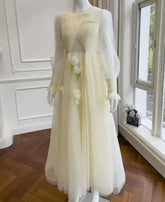 Lunivop Solid Mesh Flower Spliced Dresses For Women Round Neck Long Sleeve Thin Female Elegant Dress 2025 Autumn New