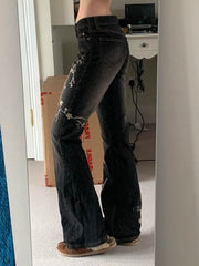 Lunivop Weekeep Floral Embroidery Jeans Vintage 2000s Low Rise Flared Jeans Women Retro Y2k Baggy Denim Pants High Street Basic Trousers