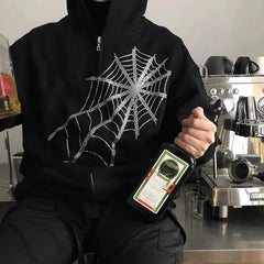 Lunivop Full Zip Up Hooded Tops Sequin Loose Baggy Female Clothes with Zipper Glitter Spider Rhinestone Sweatshirts for Women Coat Trend