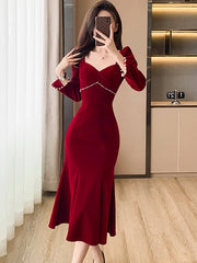 Lunivop Women Red Velvet Elegant Christmas Dress Autumn Winter Chic Diamonds Square Collar Luxury Dress Korean Vintage Night Dress