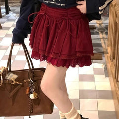 Lunivop Sweet Coquette Short Skirt Women Bow Kawaii Ruffle Mini Skirts Lace Patchwork White A-line Layered Skirt Aesthetics