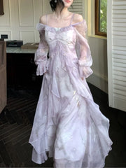 Lunivop Summer Elegant Print Fairy Long Dresses for Women French Off Shoulder Ruffles A-Line Birthday Party Dress One Piece Vestidos New