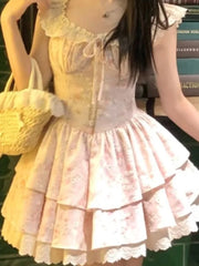 Lunivop Sweet Floral Printed Waist Slimming Square Neck Short Dresses for Women Summer New Spicy Girl Sleeveless A-line Bodycon Dress