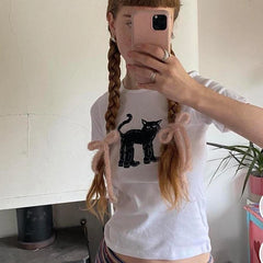 Lunivop Women T-Shirt Funny black Cat Print Slim Graphic Gothic Summer Korean Fashion Cute Baby Tee Harajuku Vintage Women's Streetwear