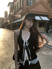 Lunivop Summer New Sleeveless Tank Top Lace Patchwork Fake Two Piece T-shirts Fashion Sweet All-match Black Vest for Women