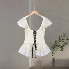 Lunivop Contrast Ruffle Strap Camisole Top Ivory Slim Fit Sheer Chiffon Trim Summer Romantic Women Tops Fashion Sweet Lady Blouse