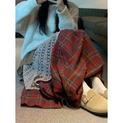 Lunivop Streetwear Contrast Color Patchwork A-line Skirt Women 2025 Spring New High Waist Hollow Loose Pleated Plaid Mid-length Skirt