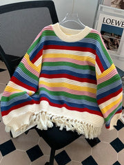 Lunivop Sweet Rainbow Tassel Sweaters Women Vintage Cute Loose Long Sleeve Knitted Jumper Casual Retro O Neck Lady Hollow Out Pullovers