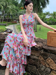 Lunivop Summer Floral Neck Halter Dresses Women New French High Waisted Cake Dress Beautiful Romantic Flowers Vestido