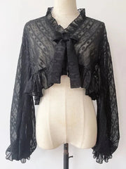 Lunivop Lolita Sweet Sun Proof Shirt Women Cute Bow Lantern Sleeve Cropped Blouse Japan Kawaii Casual Elegant Jk Open Stitch Tops