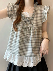 Lunivop Lace Patchwork Plaid Shirt Women Casual Loose Flying Sleeve Vintage Blouse Preppy Style Sweet Korean Lady Retro Summer Tops