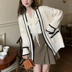 Lunivop Varsity Cardigan Sweater for Women Open Front Slouchy Knitted Sweater Jacket Cardi Collaege Student Girl Fall Winter Outfit
