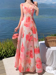 Lunivop Women Sweet Pink Floral Elegant Sleeveless Ruffled Edges Slip Dresses Summer Romantic Bohemian Sexy Birthday Evening Party Dress