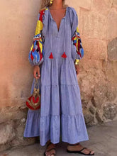 Lunivop Autumn Fashion New Women's Loose Long Sleeve Striped Splicing V-neck Lantern Sleeve Printed Loose Long Dress