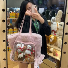 Lunivop Japanese Transparent Pink Ita Bag Purse Women Harajuku Aesthetic Plush Handbag Female Large Capacity Tote Bag 2025 New
