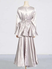 Lunivop Solid Two Piece Set Women's V-neck Long Sleeve Splicing Work Lace Top High Waist Midi Leather Wrinkle Skirt Female