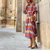 Lunivop Fashion Women Geometric Prints Long Party Dress Summer Stand Neck Full Sleeves Charming Lady Mid-Calf Length Sundress