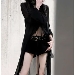 Lunivop Y2k Sexy Slim Fit Black Dress for Women Fashion All-match Mid-length Dresses E-Girl Mesh Long Sleeve Sun Protection Coat