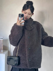 Lunivop Japan Cute Faux Lamb Coat Women Loose Long Sleeve Winter Warm Retro Jacket Casual Stand Collar Preppy Style Pockets New Top