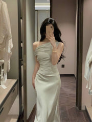 Lunivop Summer French Slim Dress Women Casual Sleeveless Slant Shoulder Dress Evening Party Elegant One Piece Dress Korean Fashion