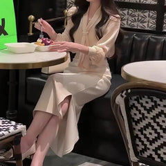 Lunivop Autumn light familiar wind professional temperament long sleeve shirt+high waist split skirt suit