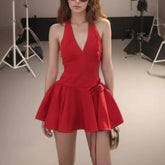 Lunivop Sexy Red Halter Dress Women Slim Low Waist Spliced 3D Flower Swing A-lined Backless Short Dresses Summer Robe