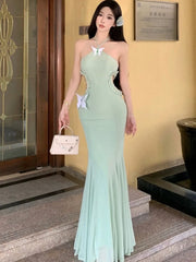 Lunivop Spring Summer Green Mesh Chic Bow Hollow Out Dresses Women Fashion Bodycon Sexy Neck-mounted 2025 Korean Elegant Party Dress