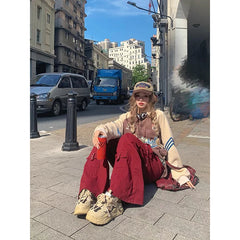 Lunivop Women's Red Cargo Flare Pants Harajuku Streetwear Pants Y2k Retro 2000s 90s Aesthetic Vintage Trousers Fashion Trashy Clothes